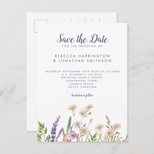 紫花素朴の結婚式の日付を保存 ポストカード (正面/裏面)