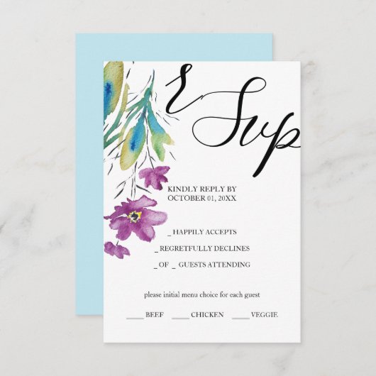 紫芸術的ワイルドフラワー水彩手色彩の鮮やか形 出欠カード (正面/裏面)