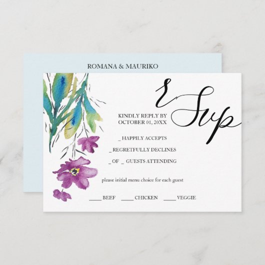 紫芸術的ワイルドフラワー水彩手色彩の鮮やか形 出欠カード (正面/裏面)