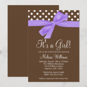 紫茶色リボン水玉ベビーシャワー招待状 招待状 (正面/裏面)