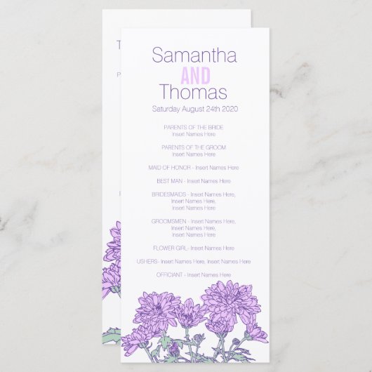 紫菊の結婚式のプログラムラックカード プログラム (正面/裏面)