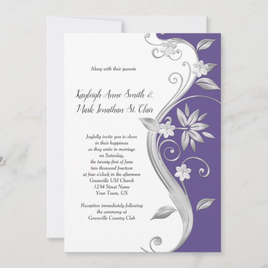 紫華美と銀のフローラが渦巻き結婚状 招待状 (正面)