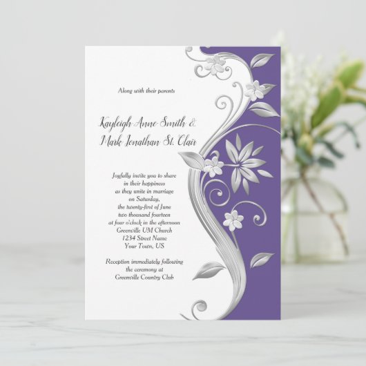 紫華美と銀のフローラが渦巻き結婚状 招待状 (スタンド正面)