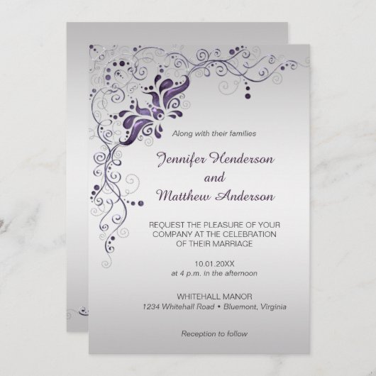 紫華美の渦巻きシルバー結婚式招待状 招待状 (正面/裏面)