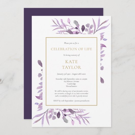 紫葉金ゴールドお祝いの葬式 招待状 (正面/裏面)