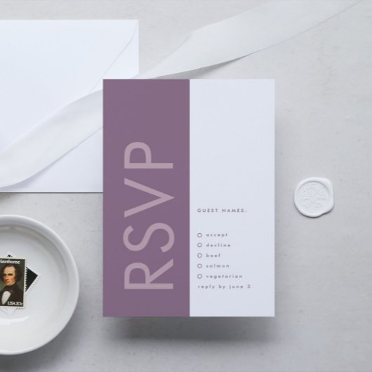 紫薄紫モダンモノグラはっきりしたム結婚ズ 出欠カード