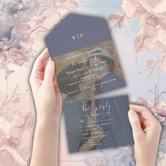 紫薄紫モノグラム結婚写真 オールインワン招待状