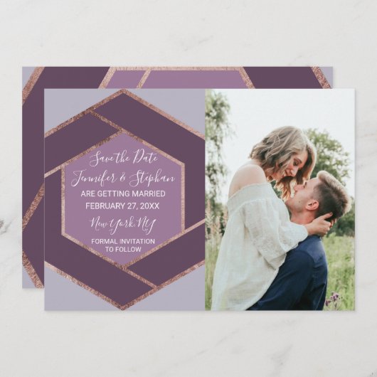 紫薄紫紫バラ金ゴールド六角救日 招待状 (正面/裏面)