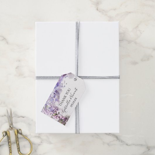 紫薄紫花水彩結婚式の引き出物ラベル ギフトタグ (より糸付き)