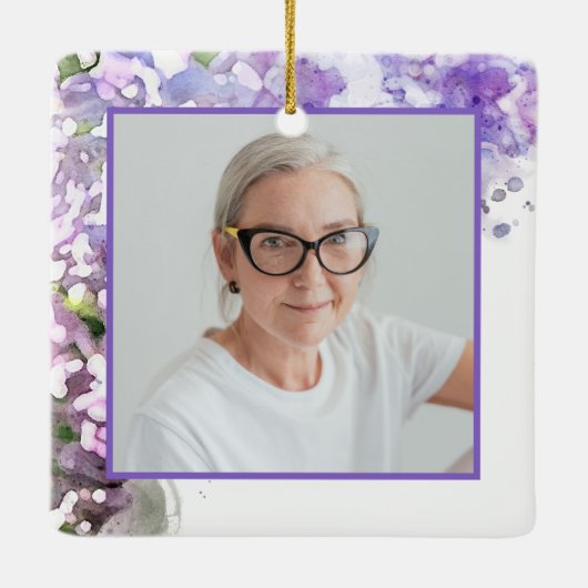 紫薄紫花水彩記念記念 セラミックオーナメント (裏面)