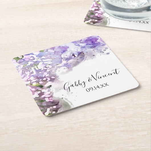 紫薄紫花水色結婚の スクエアペーパーコースター (アングル)