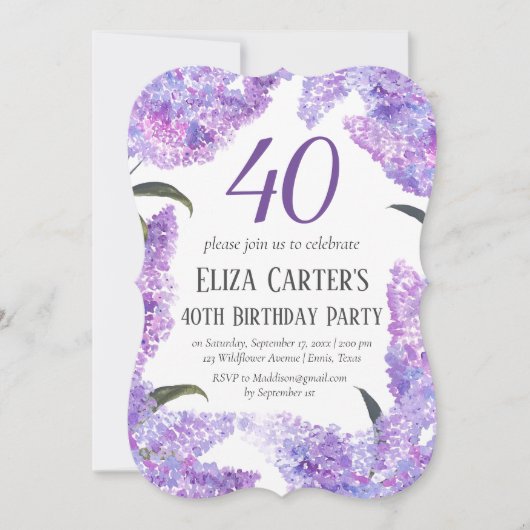 紫薄紫花40歳の誕生日40エレガント 招待状 (正面)