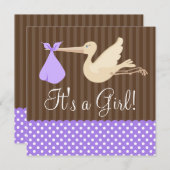 紫褐色のコウノトリの点少女のベビーシャワー 招待状 (正面/裏面)