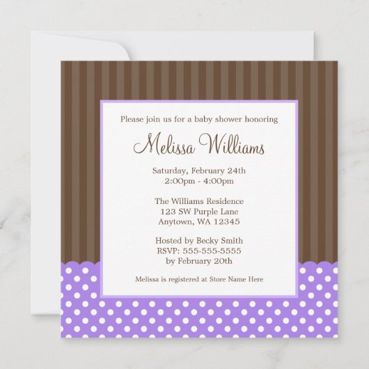 紫褐色のコウノトリの点少女のベビーシャワー 招待状 (裏面)