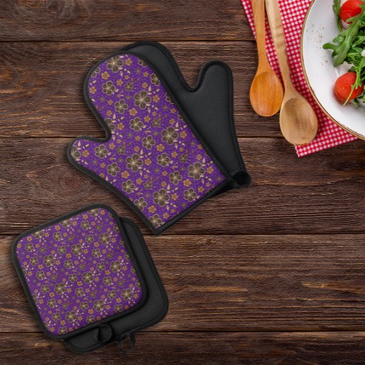 紫褐色の天然花 鍋つかみ&鍋敷きセット