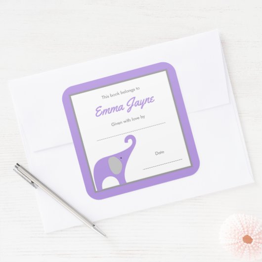 紫象赤ちゃんシャワー図書室 スクエアシール (封筒)