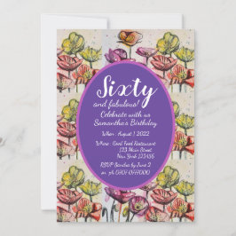 紫赤のポピー花の60歳の誕生日招待状 招待状