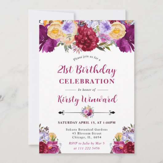 紫赤の夏の花21歳の誕生日 招待状 (正面)