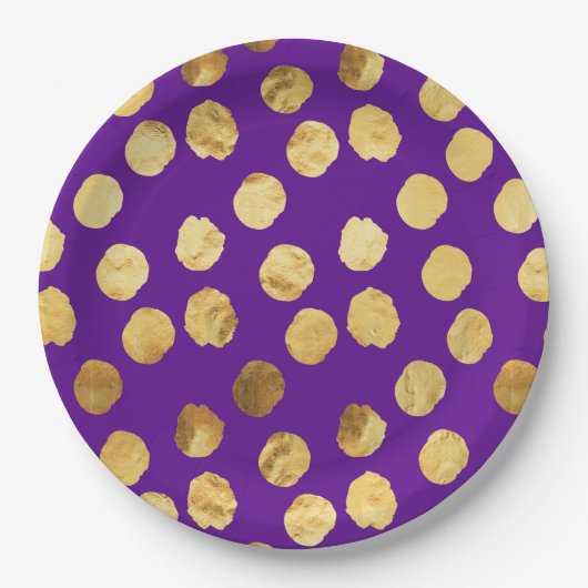 紫輝くの背景の金ゴールド点 ペーパープレート (正面)