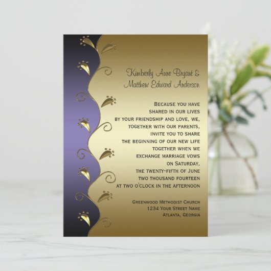 紫金ゴールドと黒の渦巻き結婚式招待状 招待状 (スタンド正面)