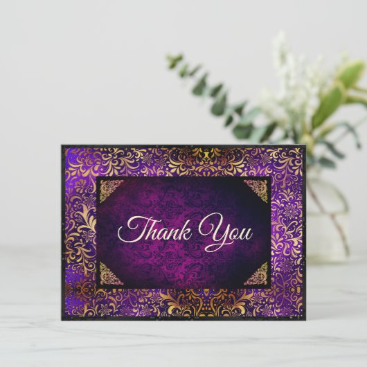 紫金ゴールドエレガントフローラダマスクモノグラム サンキューカード (スタンド正面)