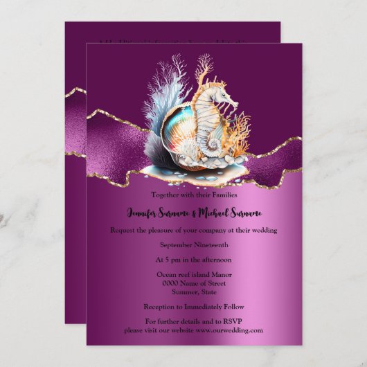 紫金ゴールドシーホースきらめくシーシェルコーラル海 招待状 (正面/裏面)
