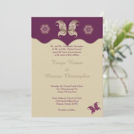 紫金ゴールドバタフライ5x7結婚式招待状 招待状 (スタンド正面)