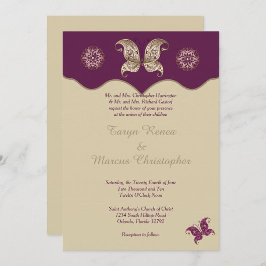 紫金ゴールドバタフライ5x7結婚式招待状 招待状 (正面/裏面)