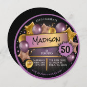 紫金ゴールドピンク風船50th 60誕生日 招待状 (正面/裏面)