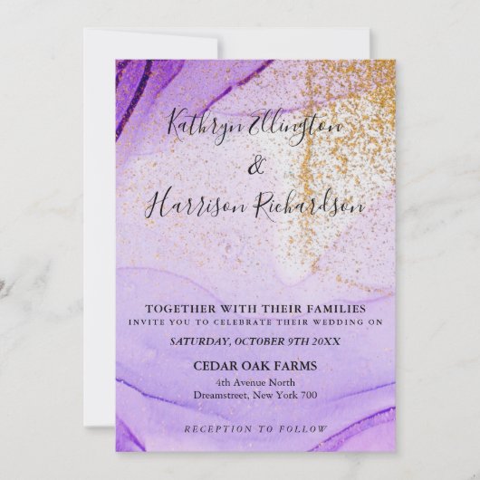 紫金ゴールドヴィンテージ水彩結婚式招待状 招待状 (正面)