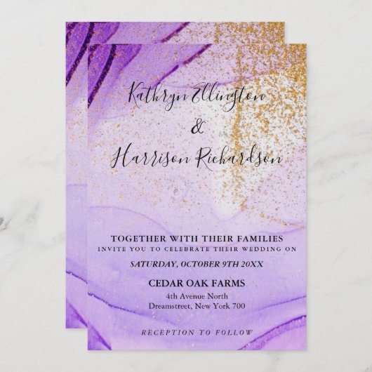 紫金ゴールドヴィンテージ水彩結婚式招待状 招待状 (正面/裏面)