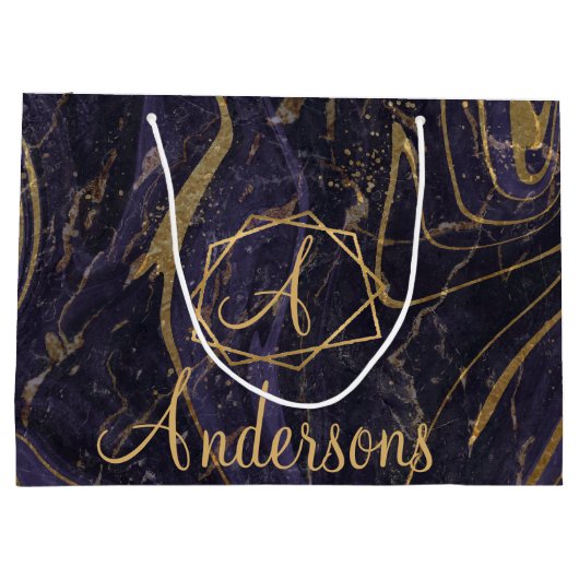 紫金ゴールド大理石効果モノグラム名クリスマス ラージペーパーバッグ (裏面)