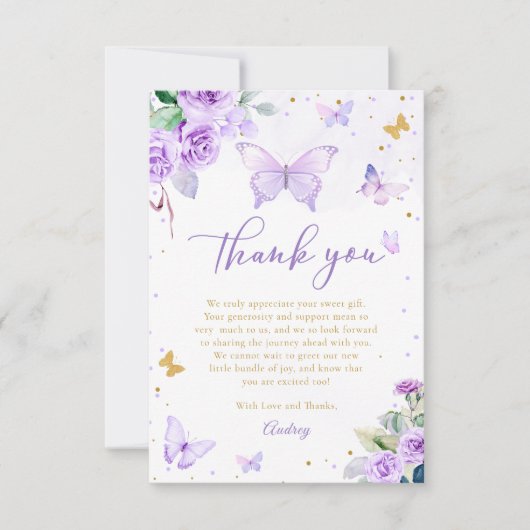 紫金ゴールド蝶フローラガールベビーシャワー サンキューカード (正面)
