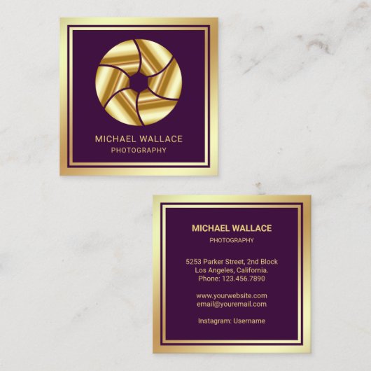 紫金箔カメラシャッターレンズ写真家 スクエア名刺 (正面/裏面)