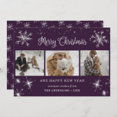 紫銀のまばゆい雪片写真コラージュ シーズンカード (正面/裏面)