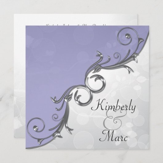 紫銀エレガント葉オーバーレ結婚イのインビタ 招待状 (正面/裏面)