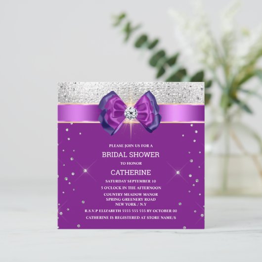 紫銀色のグリッターエレガント弓の輝き 招待状 (スタンド正面)