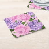 紫陽花と牡丹パターン スクエアペーパーコースター (アングル)