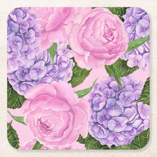 紫陽花と牡丹パターン スクエアペーパーコースター (正面)