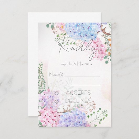紫陽花の絵の結婚式出欠確認カード 招待状 (正面/裏面)