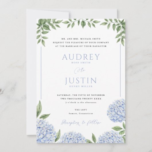 紫陽花パーソナライズされた紋結婚山 招待状 (正面)