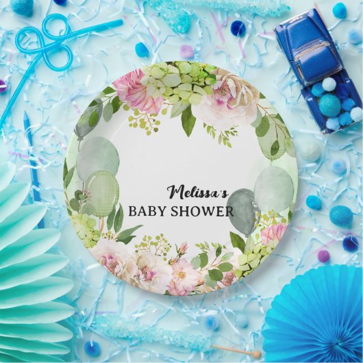 紫陽花ピンクの花模様が緑の風船をセージ ペーパープレート (パーティー)