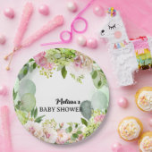 紫陽花ピンクの花模様が緑の風船をセージ ペーパープレート (パーティー)