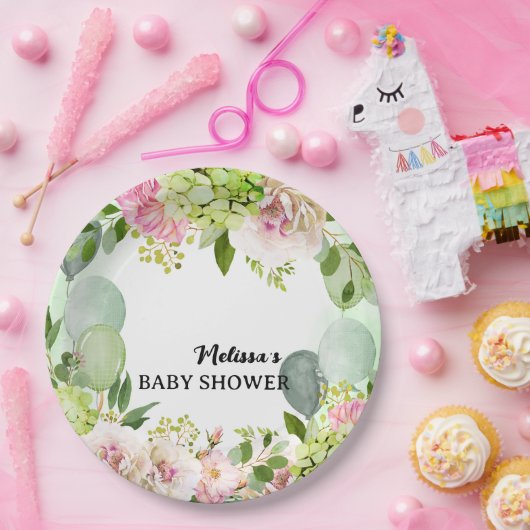 紫陽花ピンクの花模様が緑の風船をセージ ペーパープレート (パーティー)