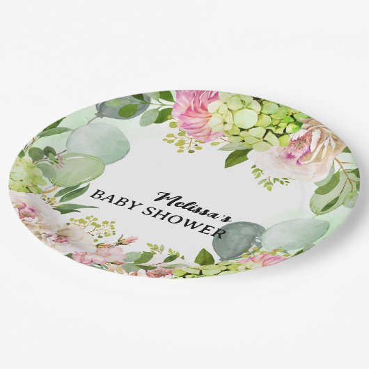 紫陽花ピンクの花模様が緑の風船をセージ ペーパープレート (アングル)