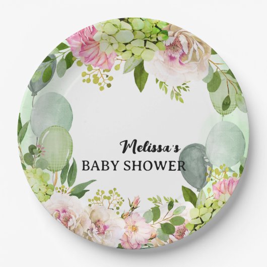 紫陽花ピンクの花模様が緑の風船をセージ ペーパープレート (正面)