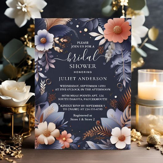 紫陽花メタリックピュアネイビーブルーブライダルシャワー 招待状