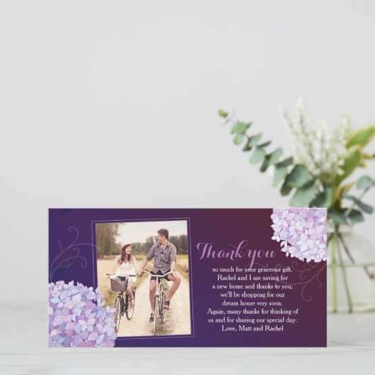 紫陽花深い紫結婚の写真ありがとう サンキューカード (スタンド正面)
