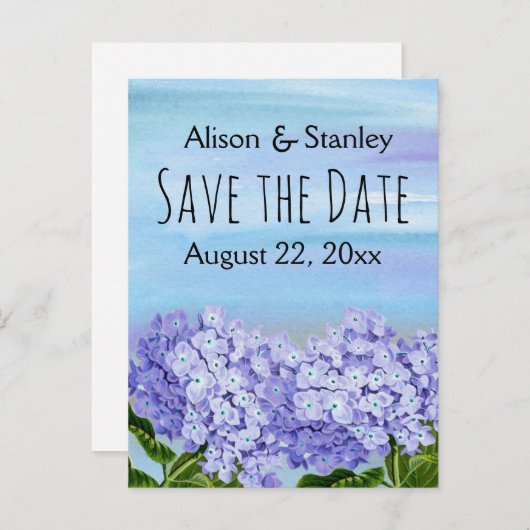 紫青あじさいフローラ結婚式の日付を保存 案内ポストカード (正面/裏面)
