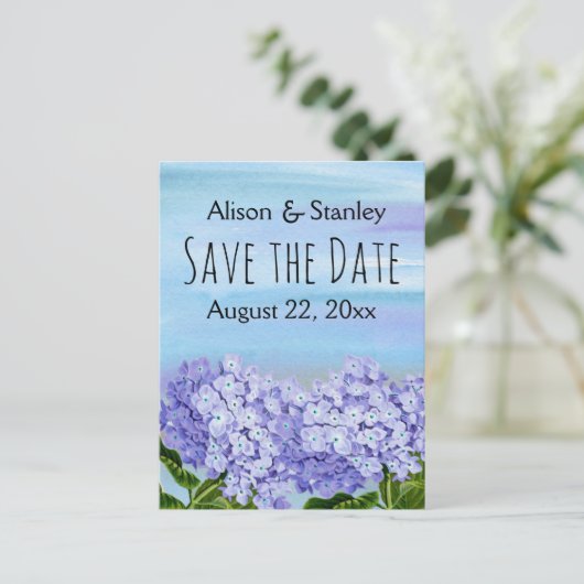 紫青あじさいフローラ結婚式の日付を保存 案内ポストカード (スタンド正面)